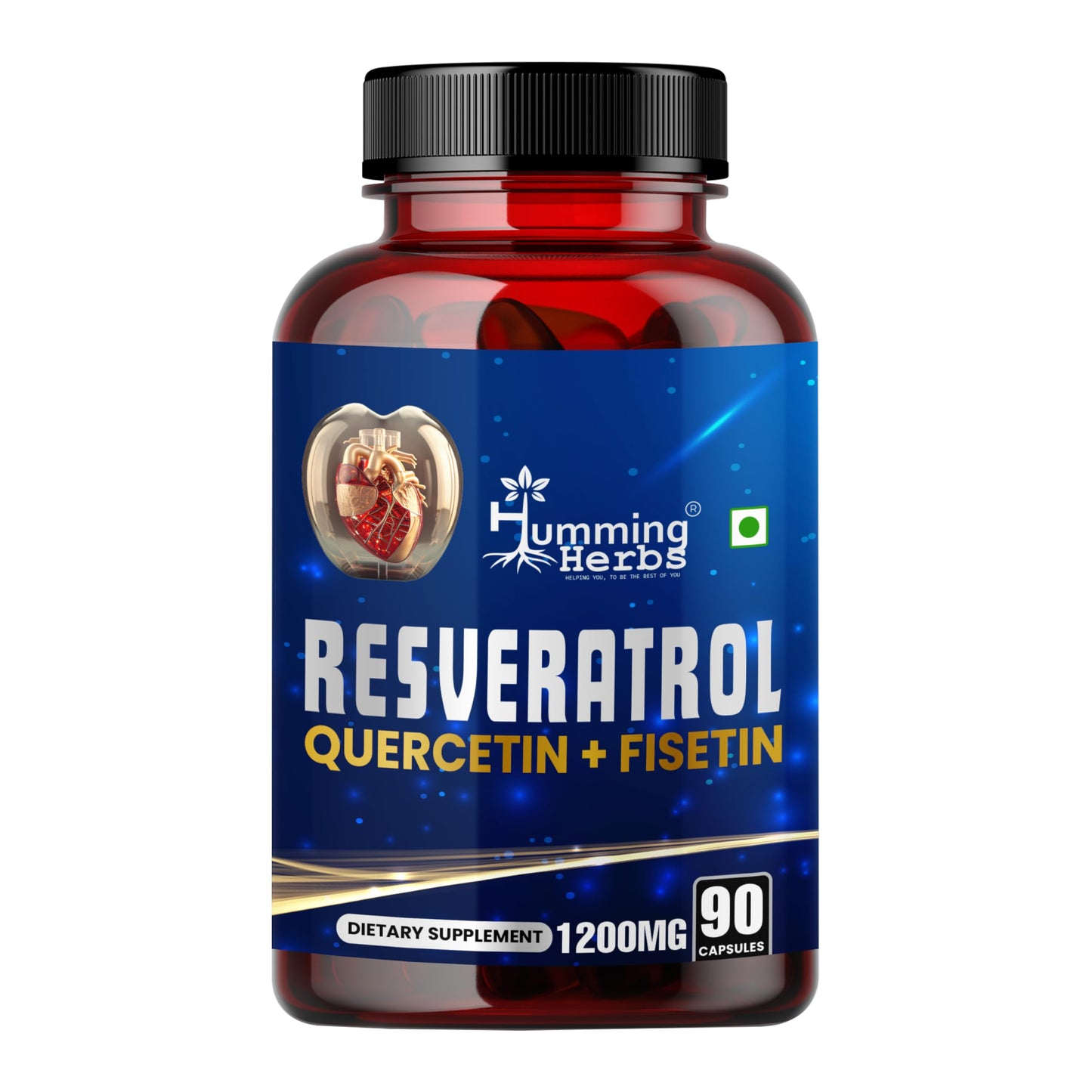 Humming Herbs Resveratrol Supplement 1200mg – 5-in-1 Formula with Quercetin, Fisetin, Spermidine & Vitamin D3 – 90 Capsules