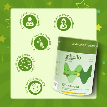 WHELLO Omega Gummies for Kids Age 4+ | No Added Sugar 30 Gummies | 100% Vegan - Mixed Berry Flavor | Improved Brain Development & Immune Support Supplements | Omega 3 with Vitamin C, Flaxseed Oil