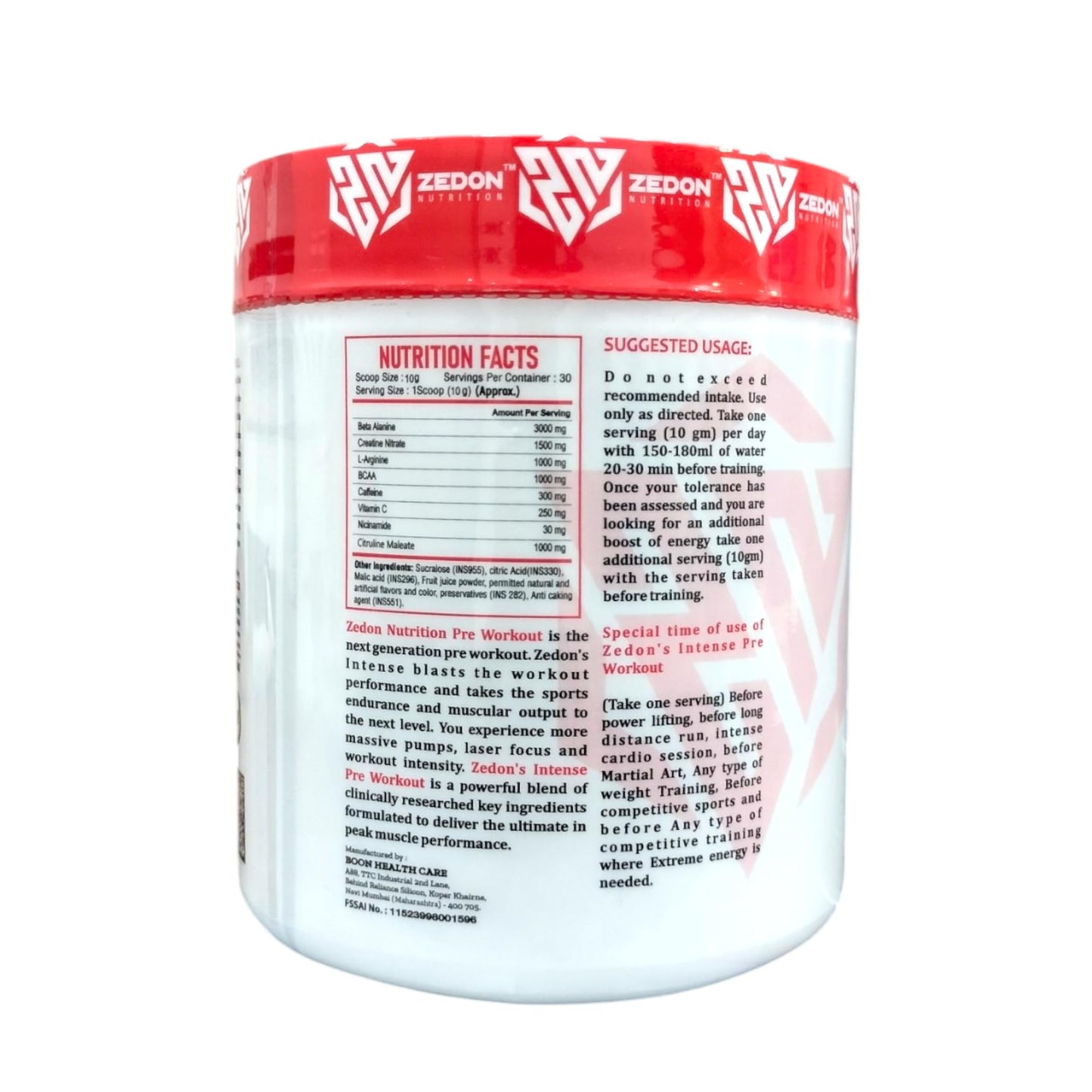 Zedon Nutrition Intense Pre-Workout - Explosive Energy, Strength & Focus | Muscle Pump Formula for Men & Women | 30 Servings (Green Apple)
