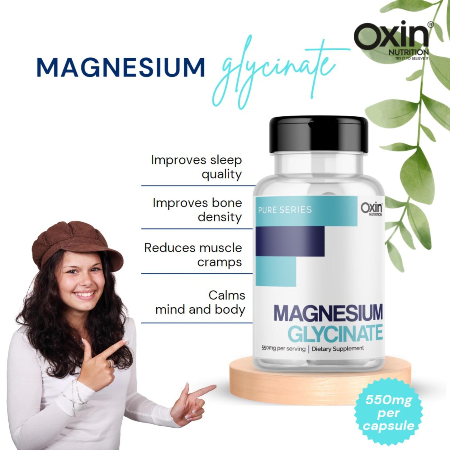 Oxin Nutrition Magnesium Glycinate High Absorption - 90 Veg Capsules