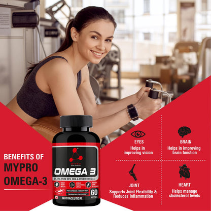 Mypro Sport Nutrition Omega 3 Fish Oil-60-Capsule (1000mg Omega 3 with 550 mg EPA & 350 mg DHA), for Brain, Heart, Eyes,and Joints Health For Men And Women