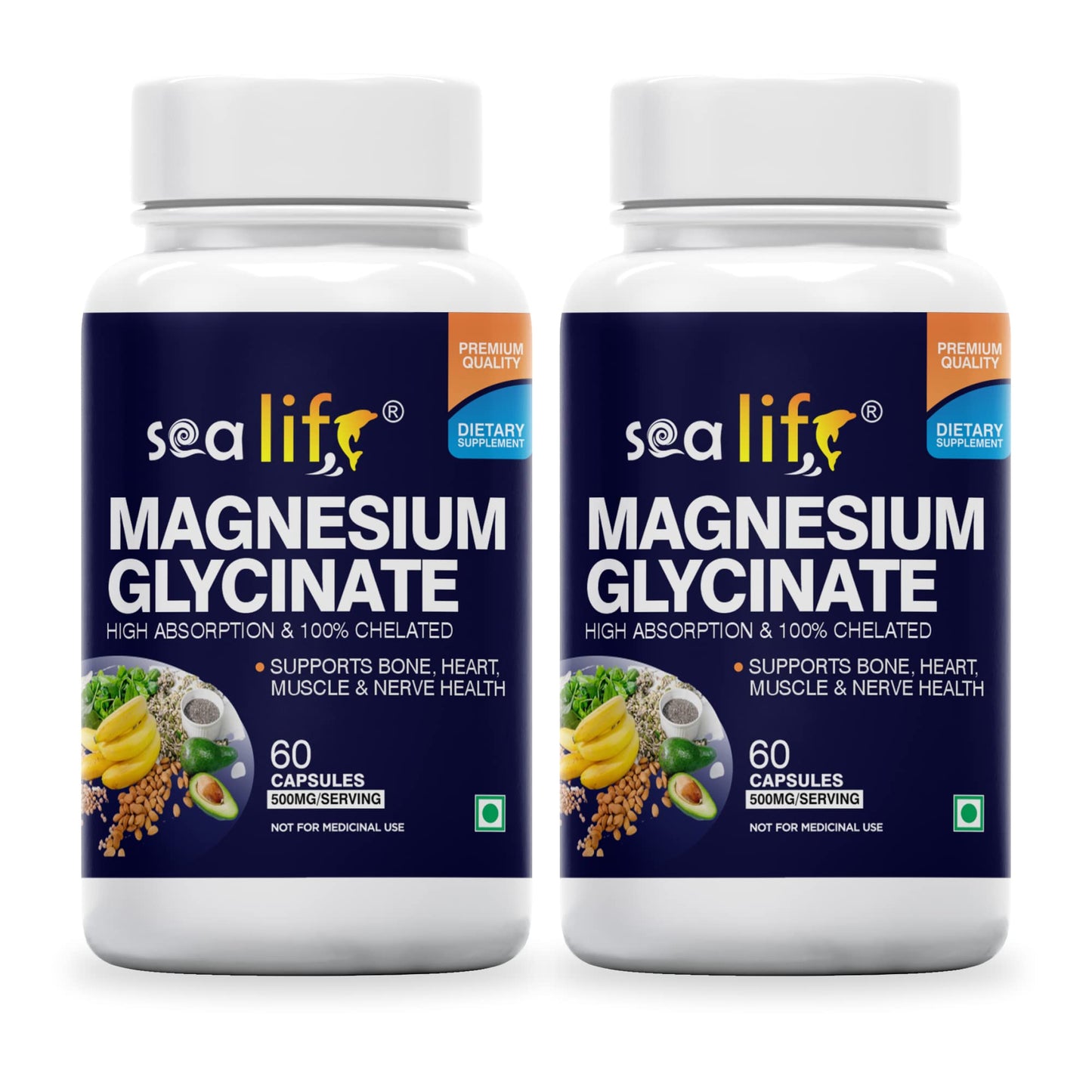 Sea Life Magnesium Glycinate 500 Mg Capsules|60 Veg Capsules Each | Magnesium Supplement | Improves Muscle & Nerve Function| Anti Stress Supplement | Better Sleep Quality | (Pack of-2)
