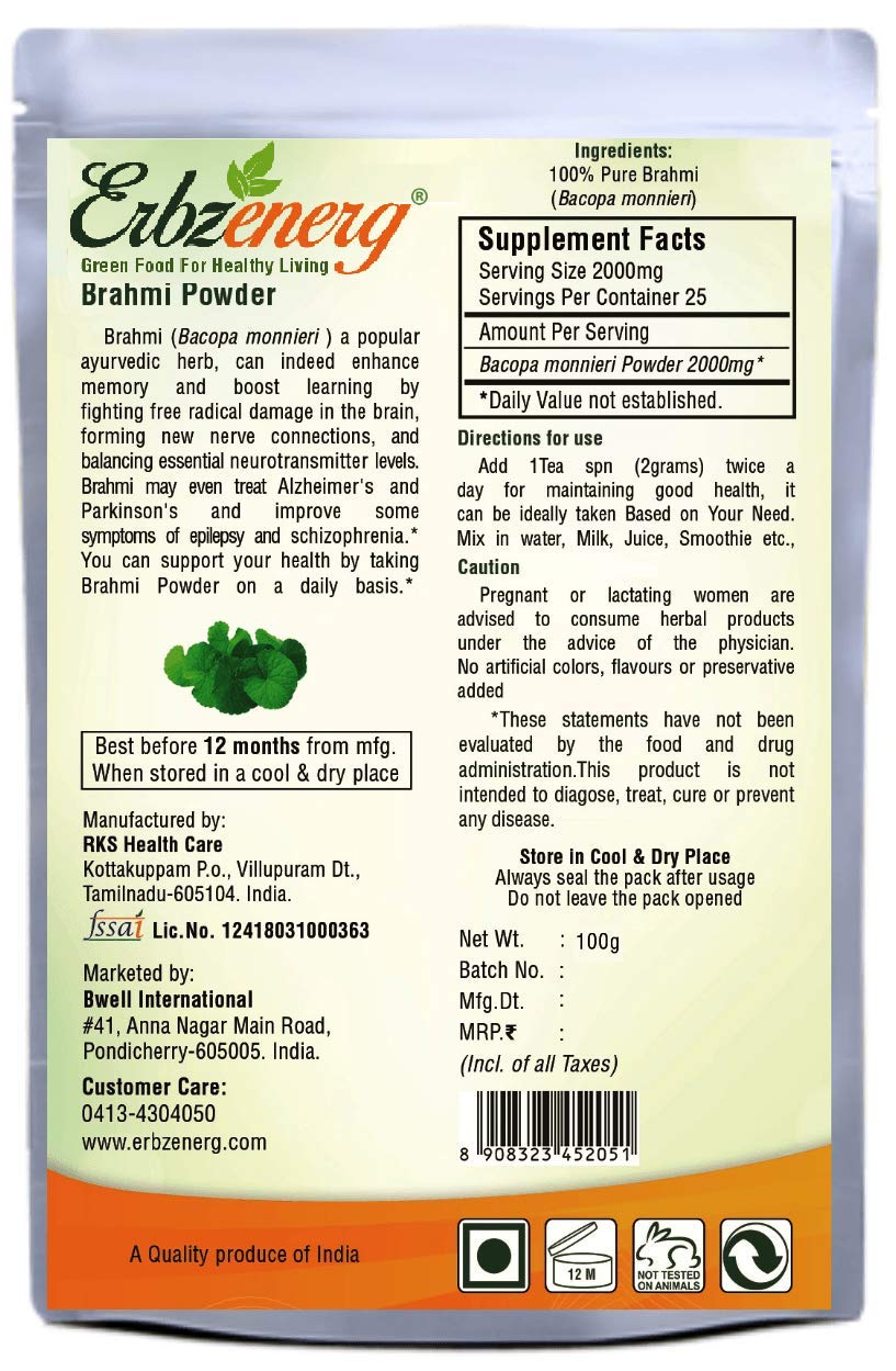 ERBZENERG® Organic BRAHMI (Bacopa monnieri) 100g powder (Pack of 1)