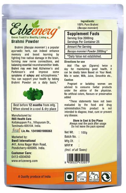ERBZENERG® Organic BRAHMI (Bacopa monnieri) 100g powder (Pack of 1)