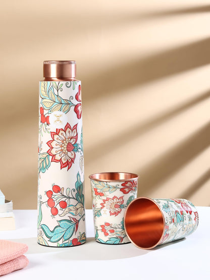 MERCAPE® - Flower Print Pure Copper Water Bottle with 2 Glass | Leak Proof, Durable & Rust Proof | Non-Toxic & BPA Free Steel Bottles | Printed Tamba Bottle (900 ml - 2x 300 ml)