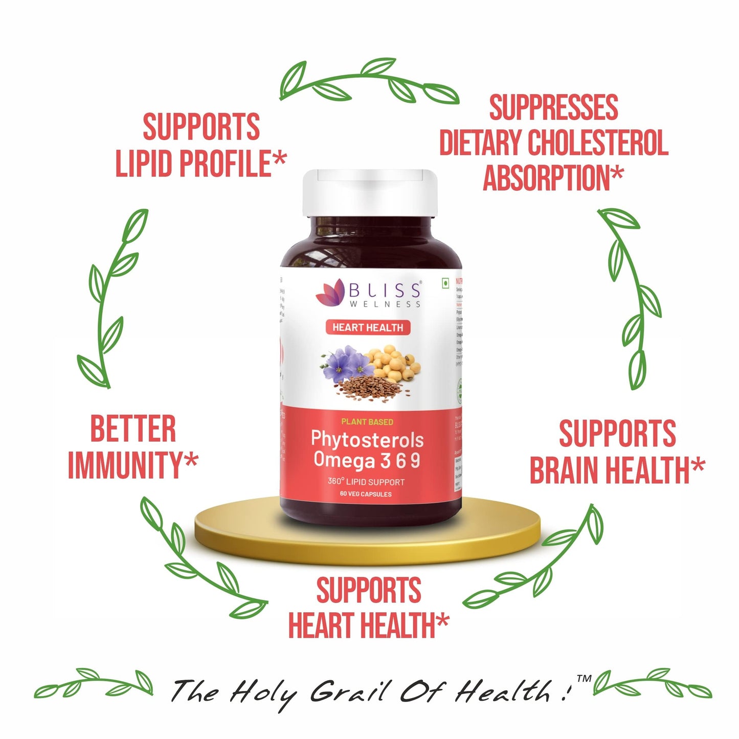 Bliss Welness Cholesterol Management Heart Health | Omega 3 6 9 + Phytosterol Plant Sterols | Lipid Profile Immunity Support Supplement - 60 Vegetarian Capsules