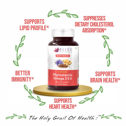 Bliss Welness Cholesterol Management Heart Health | Omega 3 6 9 + Phytosterol Plant Sterols | Lipid Profile Immunity Support Supplement - 60 Vegetarian Capsules