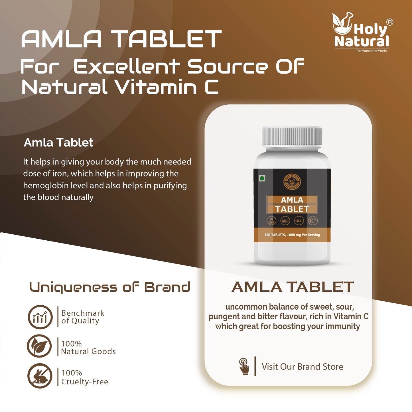 Holy Natural Amla Tablet - 120 tab | Indian Gooseberry, Amlakai | Dietary Supplement, Rich Source of Vitamin C | Help in Immunity Boost & Improve Digestion health