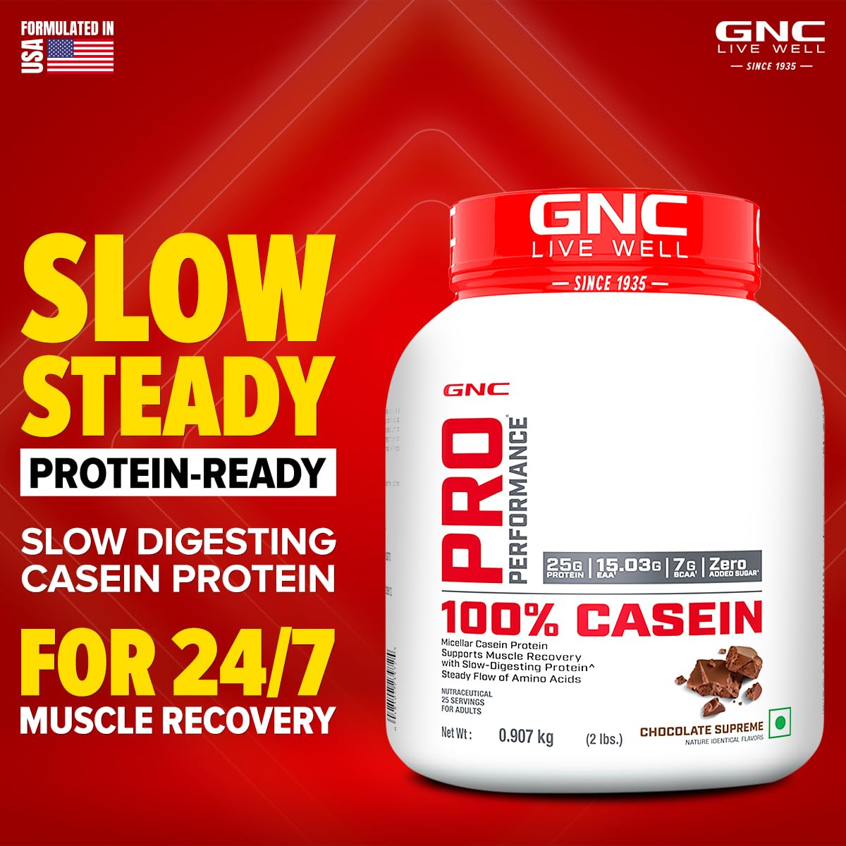 GNC Pro Performance 100% Micellar Casein | 2 lbs | 25 Servings | Overnight Muscle Recovery | Helps Stay Full | DigeZyme® For Easy Digestion | 25g Protein | 15g EAA | 7g BCAA | Chocolate Supreme