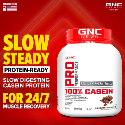 GNC Pro Performance 100% Micellar Casein | 2 lbs | 25 Servings | Overnight Muscle Recovery | Helps Stay Full | DigeZyme® For Easy Digestion | 25g Protein | 15g EAA | 7g BCAA | Chocolate Supreme