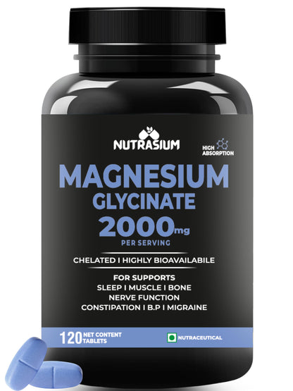 Nutrasium | Magnesium Glycinate 2000 mg | Chealated Magnesium Supplement For Natural Sleep, Muscle Relaxation, Nerve Function, Heart & Bone Health, Stress & Calmness | 120 Tablets