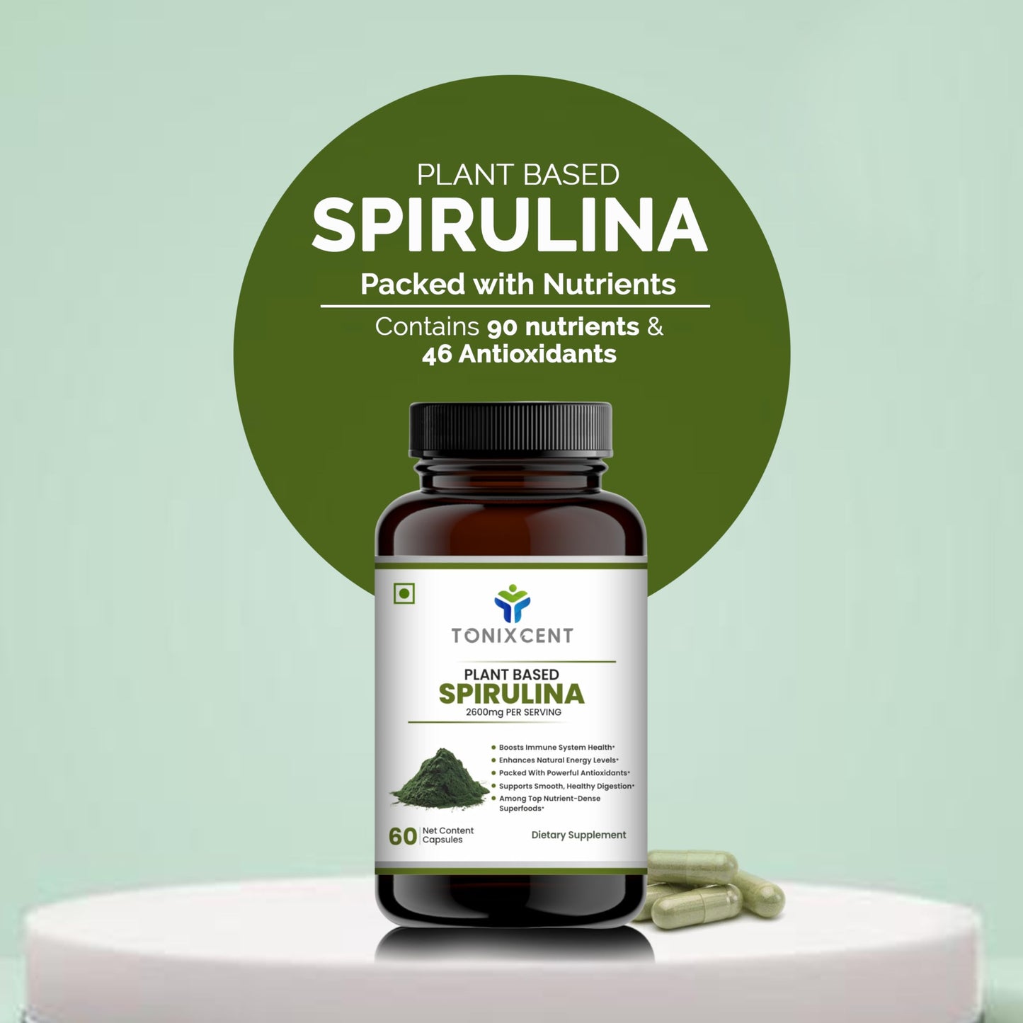 TONIXCENT Mind & Mood Wellness Duo – Ashwagandha 1300mg & Spirulina 2600mg Capsules, 60+60 Vegan Capsules