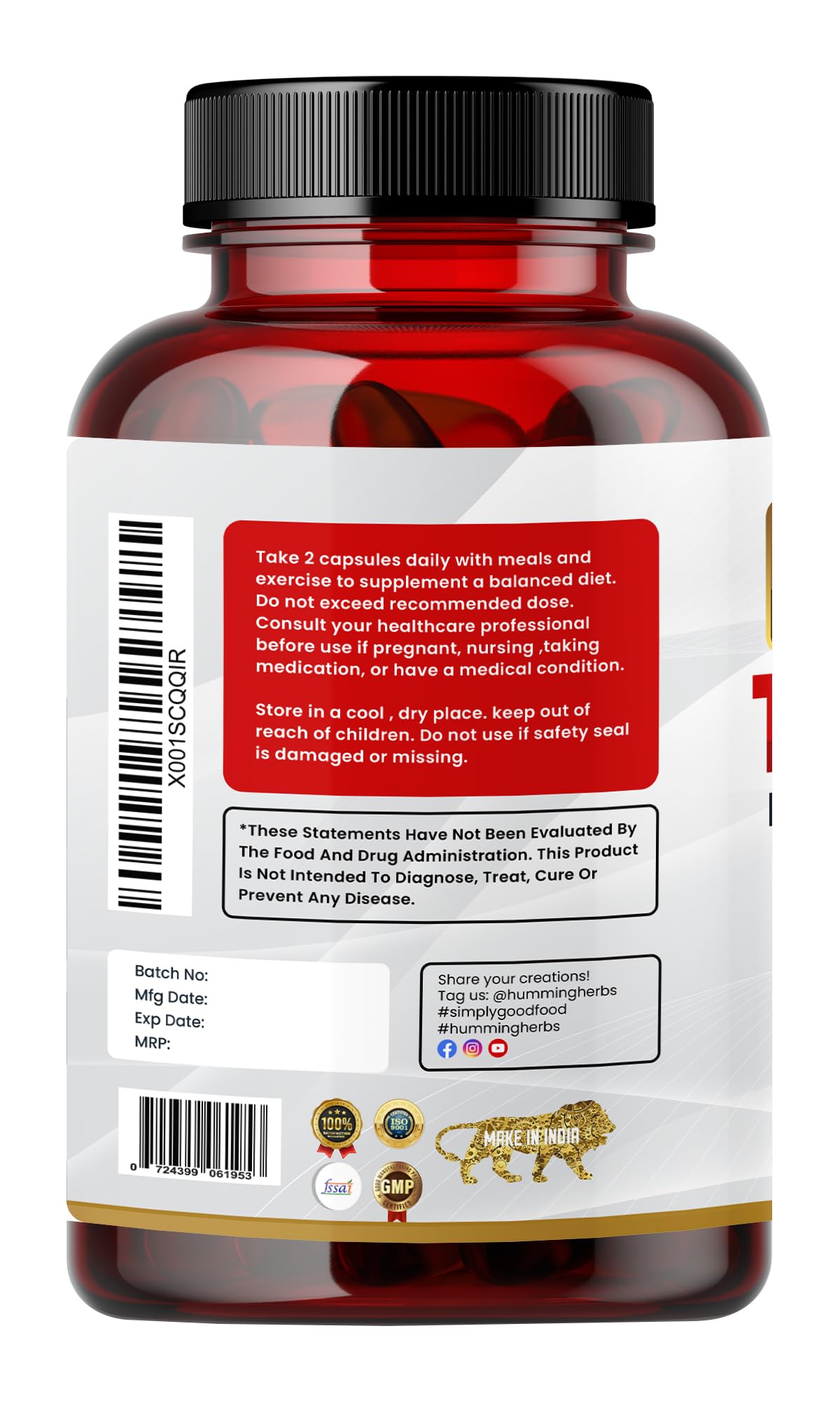 Humming Herbs Tongkat Ali Eurycoma Longifolia 6-in-1 Blend with Korean Ginseng, Horny Goat Weed, L-Arginine, Black Pepper Powder, and Beet Root for Men's Health