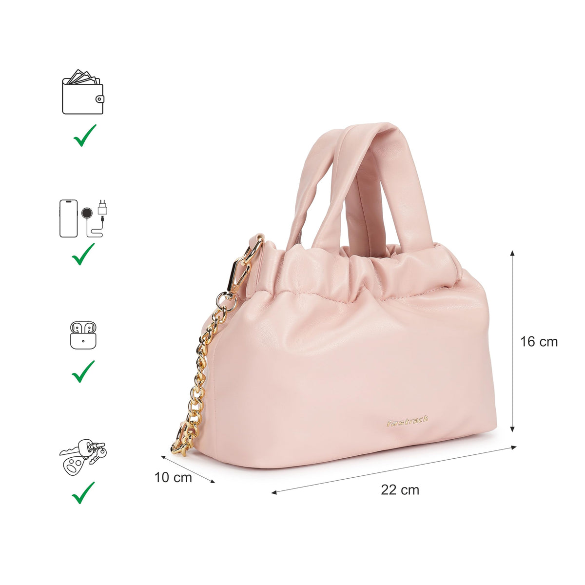 Fastrack Ruched Sling Bag for Women | Compact Faux Leather Crossbody with Detachable Chain Strap, Magnet Closure and Inner Pockets | Minimalist Everyday Sling for Casual and Evening Looks