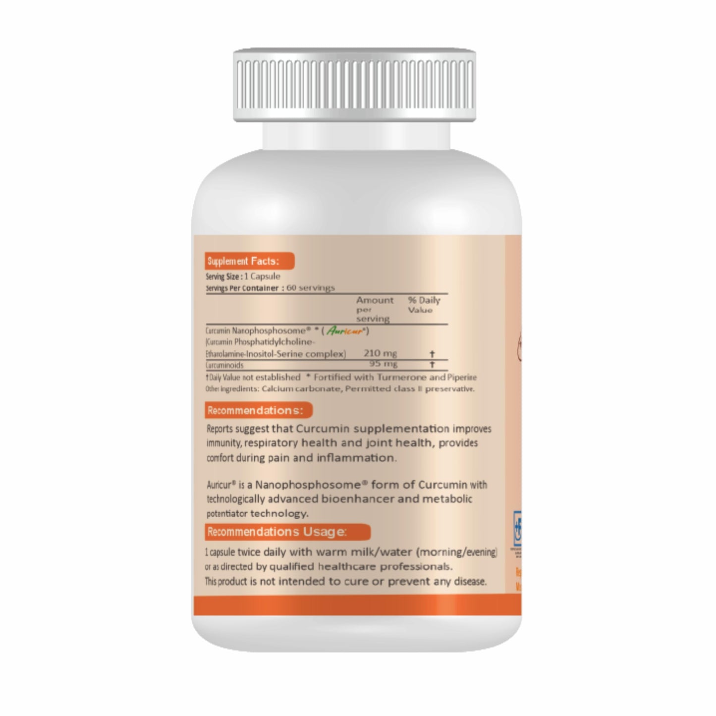 Auricur Curcumin Nanophosphosome 210mg with Curcuminoids 95mg, Fortified with Turmerone and Piperine by Aurinko Healthcare – 60 Capsules