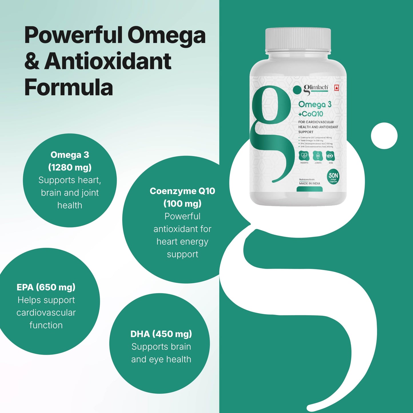 GLIMLACH Omega + CoQ10, 50 Soft Gels, 1280 mg Omega-3 + 100 mg CoQ10, Heart Health, Cellular Energy, Antioxidant Support | Fish Oil Omega-3 and CoQ10 Capsule Blend - 25 Servings