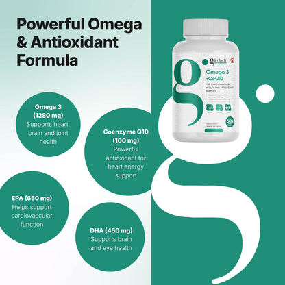 GLIMLACH Omega + CoQ10, 50 Soft Gels, 1280 mg Omega-3 + 100 mg CoQ10, Heart Health, Cellular Energy, Antioxidant Support | Fish Oil Omega-3 and CoQ10 Capsule Blend - 25 Servings