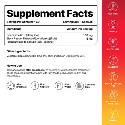 Decode Age CoQ10 100mg, Coenzyme Q10 with Piperine, 99% Pure, Higher Energy Levels, Antioxidant, Healthy Heart, 60 Veg Capsules
