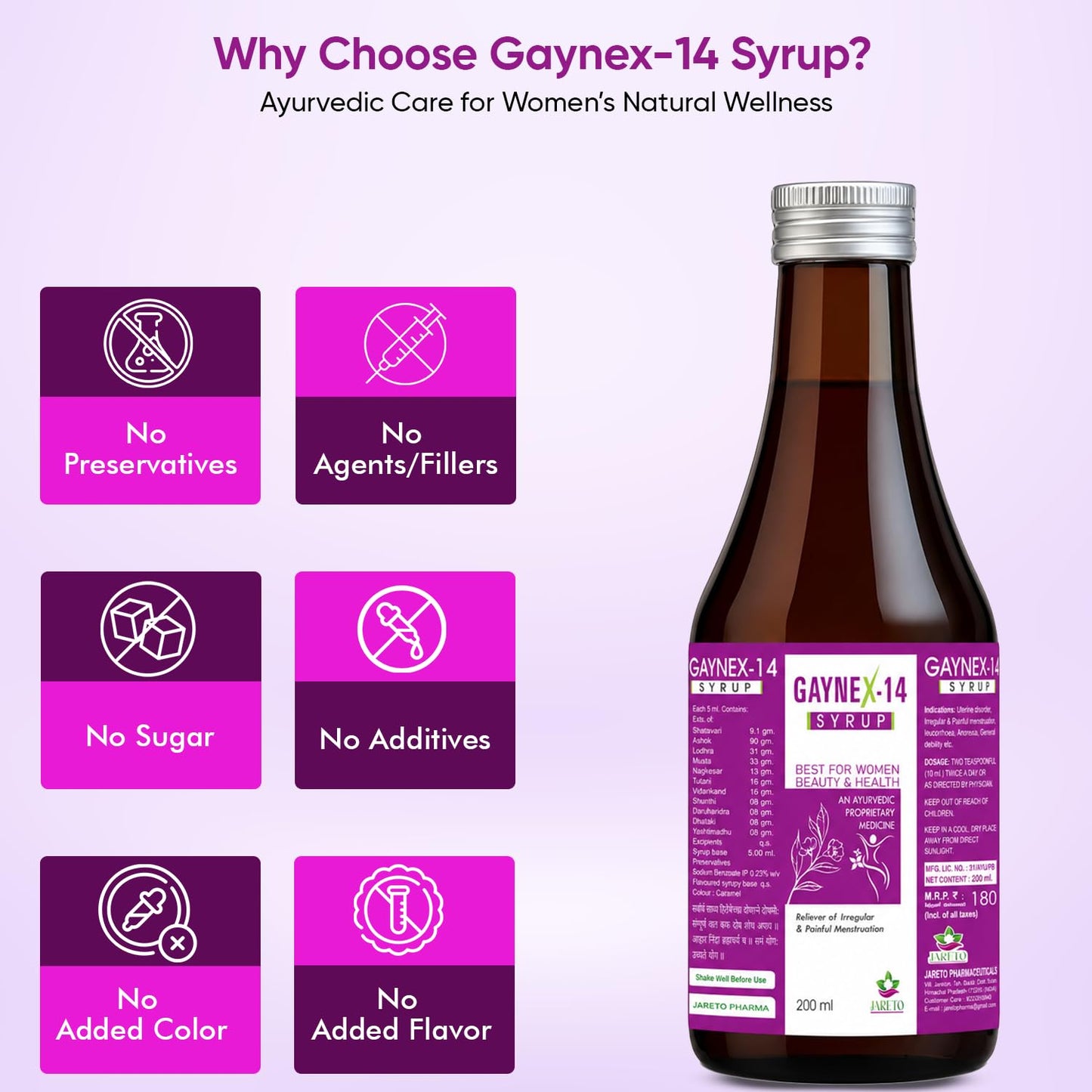 Jareto Gaynex-14 Syrup for Women | Ayurvedic Medicine for Women Health | Pcos/Pcod Women Care for Menstrual Health, Relief from Irregular & Painful Periods Ladies Tonic| 200 ml