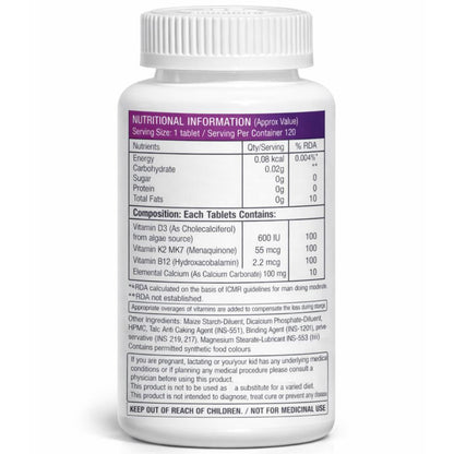 ClearCut Vitamin D3 K2 B12 Calcium tablet Joints bones Boosting Immunity supplement for men women 120