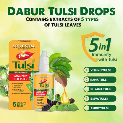 Dabur Tulsi Drops : 30ml (20ml + 10ml Free) | Contains Extracts of 5 Rare Tulsi | Boosts Immunity | Cough And Cold Relief | 100% Ayurvedic | Builds Respiratory Health