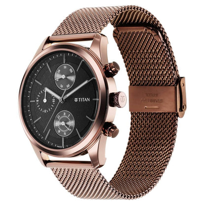 Titan Neo Splash Quartz Analog with Day-Date Black Dial Metallic Brown Stainless Steel Strap Watch for Men - NT1805QM05