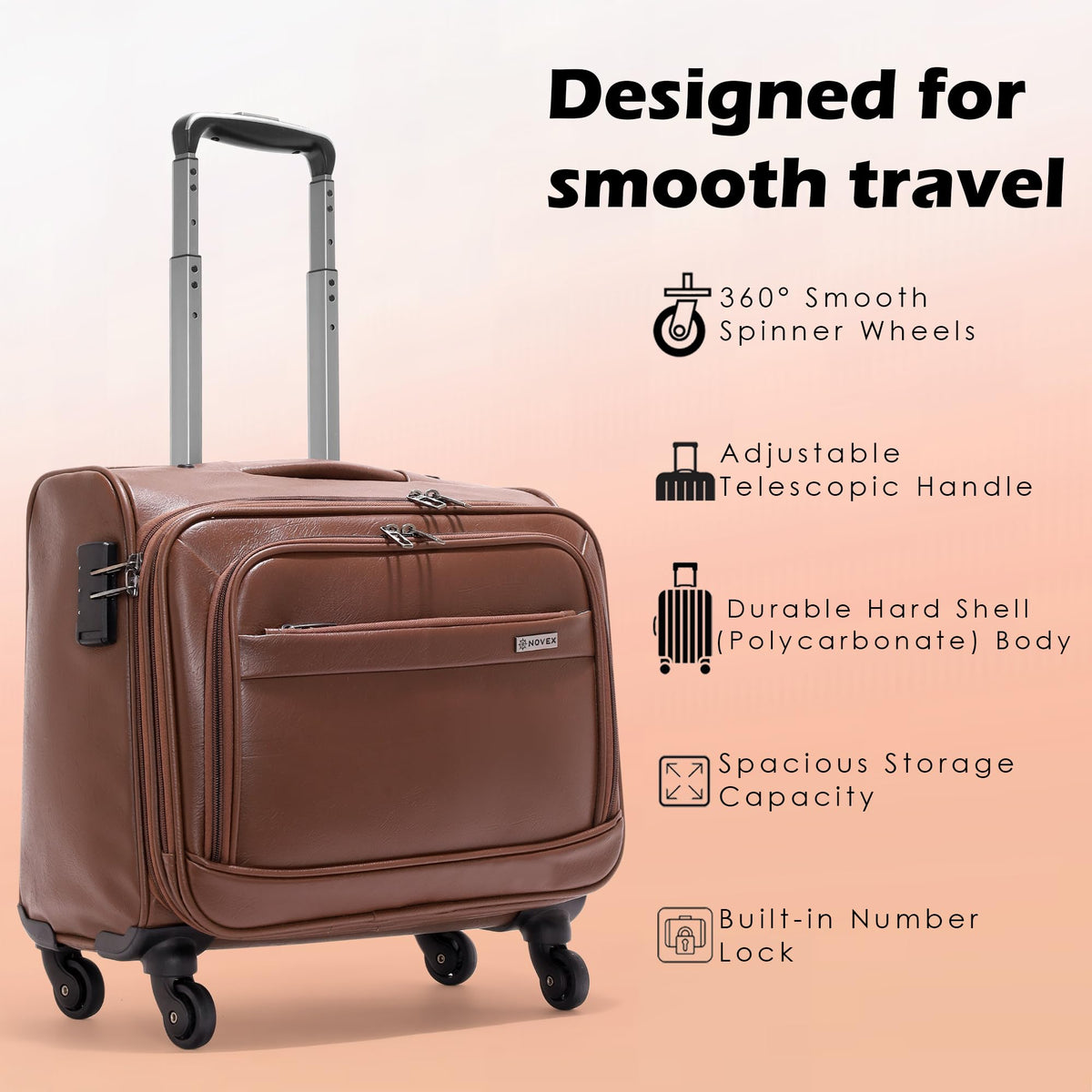 NOVEX PU Brown Laptop Trolley Bag | 42cm Lightweight Cabin Luggage | 4 Wheels Spinner Pilot Trolley | Polyester Overnighter Backpack for Business Travel, Men & Women | Durable Travel Bag