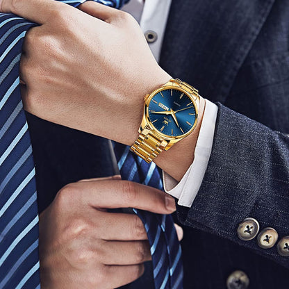 OLEVS Watch for Men Gold Blue Analog Quartz Dress Business Watch Day Date Calendar Stainless Steel Luxury Luminous Waterproof Casual Men Wrist Watches