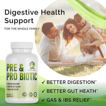ROYAL SWAG Probiotic and Prebiotic Tablets- Pre + Probiotic for Women and Men Gut Health Support for Digestive Wellness- Vegan, Non-GMO, Gluten Free - 60 Caps (60 Day Servings)