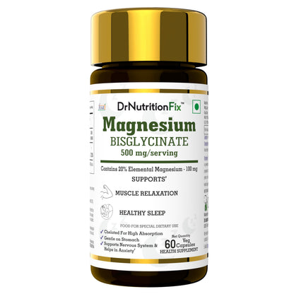 DrNutritionFix® Magnesium Glycinate 500mg | High Absorption Chelated Active Form | Preservative Free | Clean label | Helps in Natural Sleep, Muscle & Nervous System Health and Recovery | 60 Servings