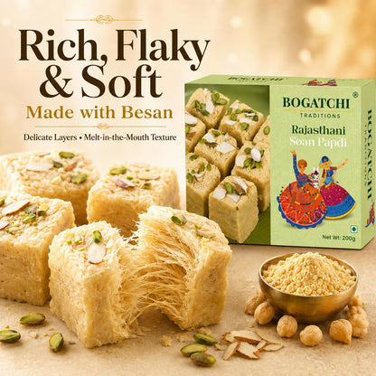 BOGATCHI Rakhi Gift Hamper for Brother with Soan Papdi 200g, Natural Raisins 30g | 2 Elegant Ganesha Rakhi with Moli Thread, Roli Chawal & Greeting Card | Traditional Festive Sweets Box