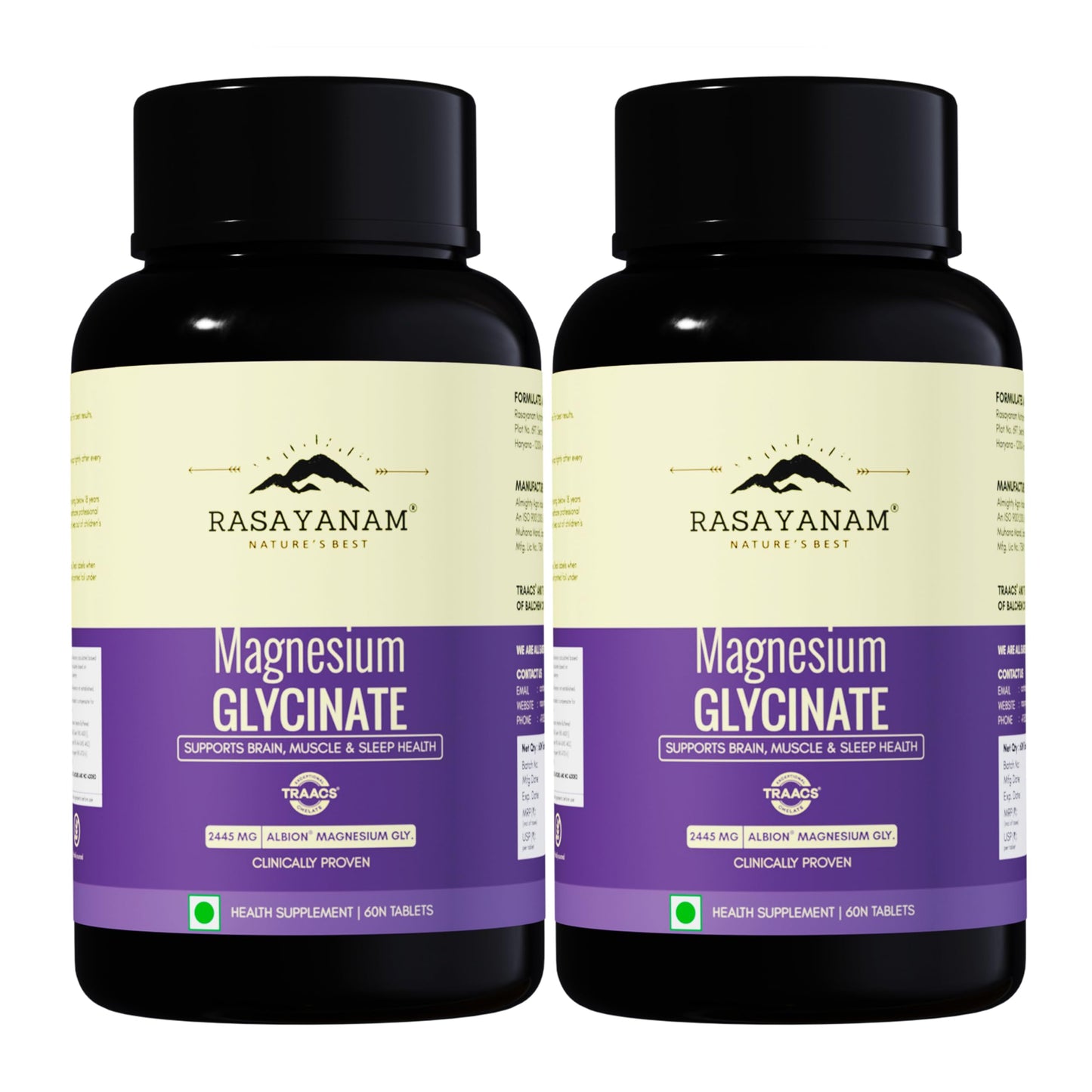 Rasayanam Magnesium Glycinate Supplement 2445 mg - Pack of 2 (60 Tablets each) | Helps Improve Muscle Recovery & Sleep Quality