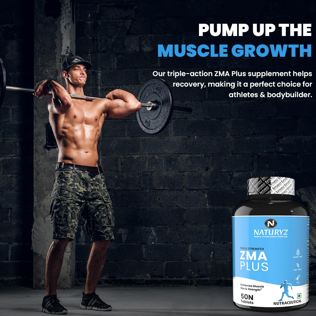 Naturyz Triple Strength ZMA Plus, 5-in-1 Muscle Strength & Nightime Recovery Support Supplement with 450 mg Magnesium Aspartate, Tribulus, Zinc, B6, Black Pepper for Men & Women - 50 Tablets
