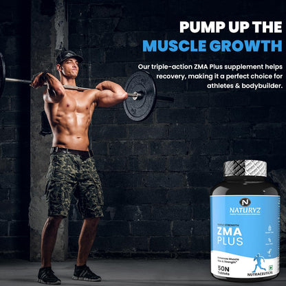 Naturyz Triple Strength ZMA Plus, 5-in-1 Muscle Strength & Nightime Recovery Support Supplement with 450 mg Magnesium Aspartate, Tribulus, Zinc, B6, Black Pepper for Men & Women - 50 Tablets