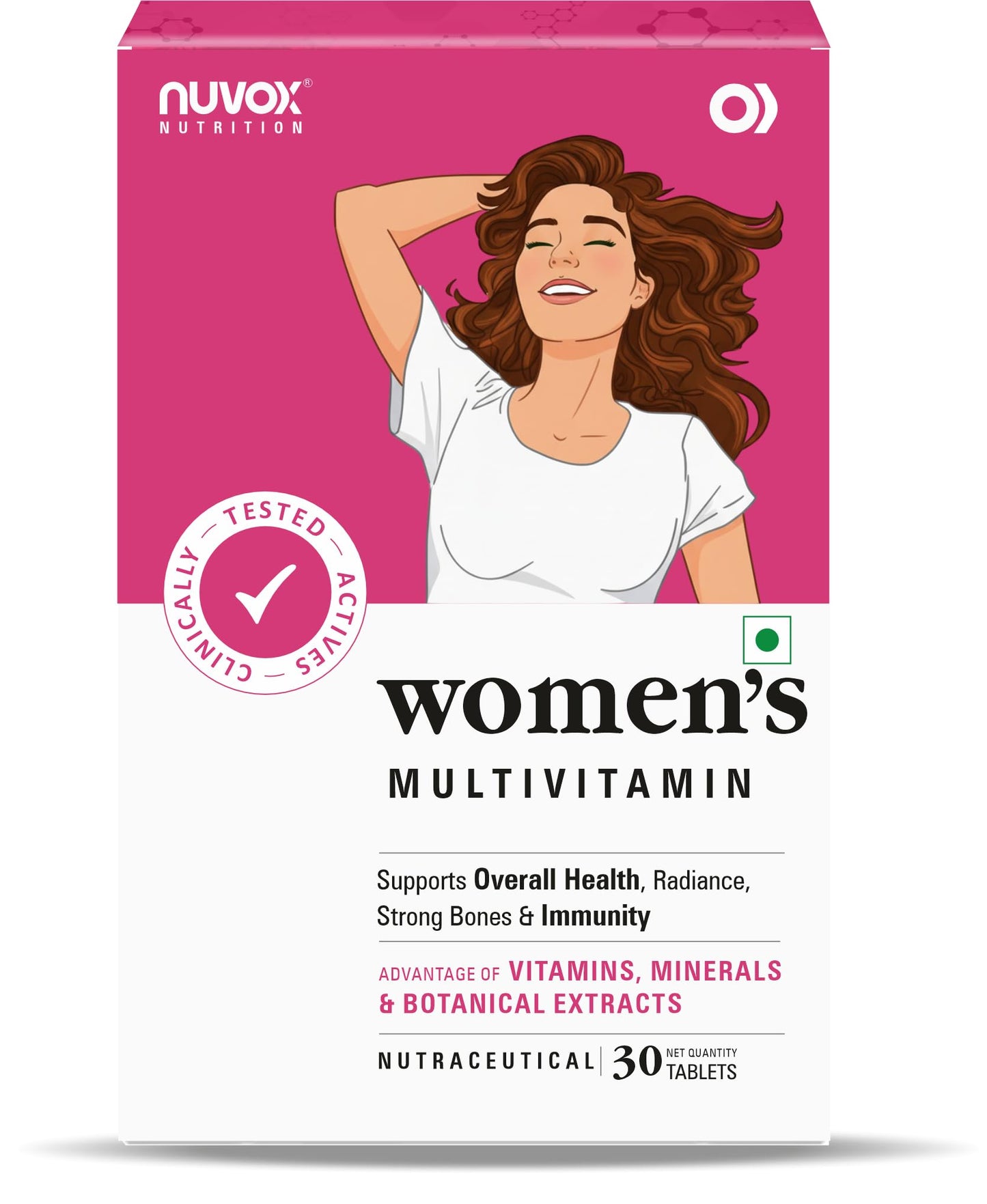 NUVOX Women's Multivitamin | For Women | With Vital Nutrients including Zinc,Magnesium,Vitamin B,C,D, Calcium for Energy, Immunity, Radiance, Strong Bones and Overall Health| Veg - 30 tablets