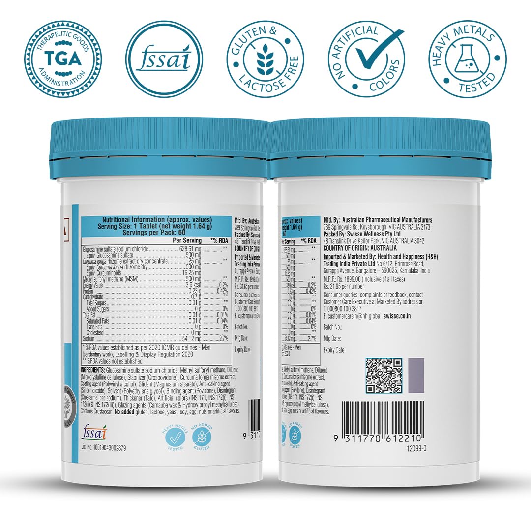 Swisse Glucosamine Sulfate+ (60 Serving Pack, Only One Tablet Per Serving) - Higher Absorption Glucosamine - Supports Healthy Joints, Bones & Cartilage