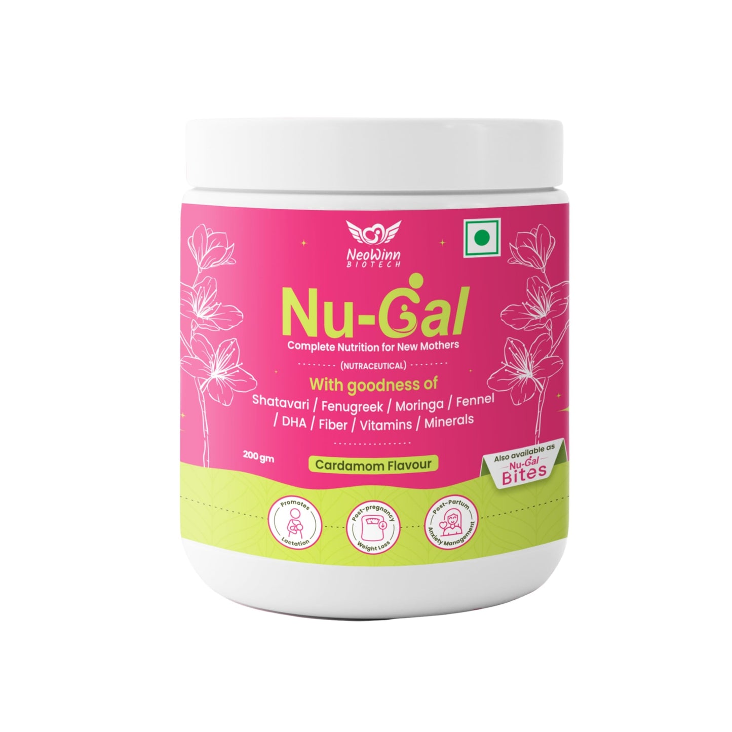 Nu-Gal Lactation Powder 200g | Postnatal Nutrition Drink for New Mothers | Blend of Shatavari, Fenugreek, Moringa, Fennel, DHA, Fiber, Vitamins & Minerals | No Added Sugar