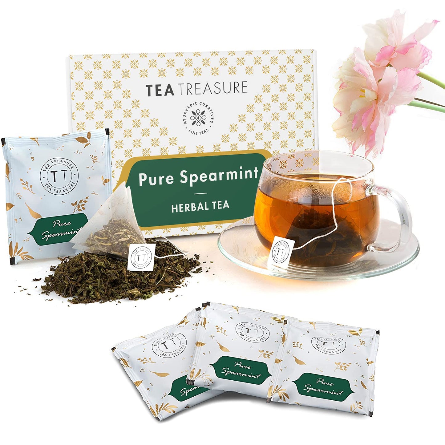 Tea Treasure - Spearmint Herbal Tea - 40 Tea Bags | Caffeine Free Mint Tea helps in Digestion, Hormonal Balance, PCOS, Weight Management & Reduces Facial Hair | 40 TB