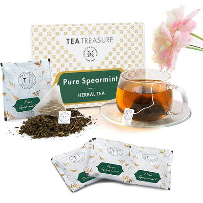 Tea Treasure - Spearmint Herbal Tea - 40 Tea Bags | Caffeine Free Mint Tea helps in Digestion, Hormonal Balance, PCOS, Weight Management & Reduces Facial Hair | 40 TB
