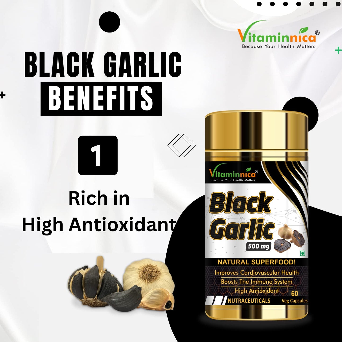 Vitaminnica 100% Natural Black Garlic Capsules Superfood Immunity Booster - Heart & Weight Management - Detox Antioxidant Supplement - 120 Veg Capsules (Pack of 2)