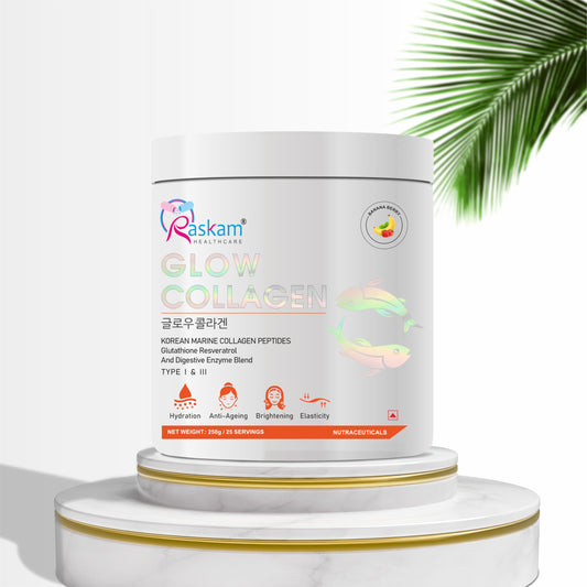Raskam Glow Collagen Powder 250gm of 25 Servings | Korean Marine Flavored (Banana Berry) Collagen Powder Supplements for Women & Men