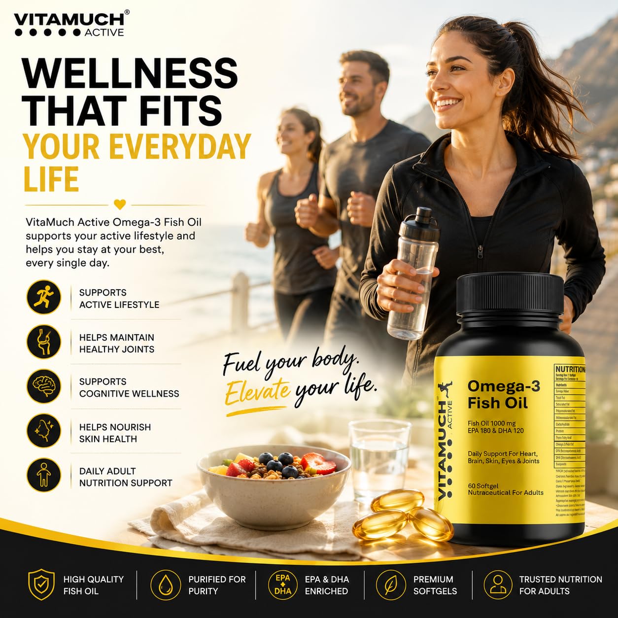 Vitamuch Omega-3 Fish Oil Capsules | EPA 180mg + DHA 120mg | Supports Heart, Brain & Joint Health | Deep Sea Fish Oil | 60 Softgel Capsules