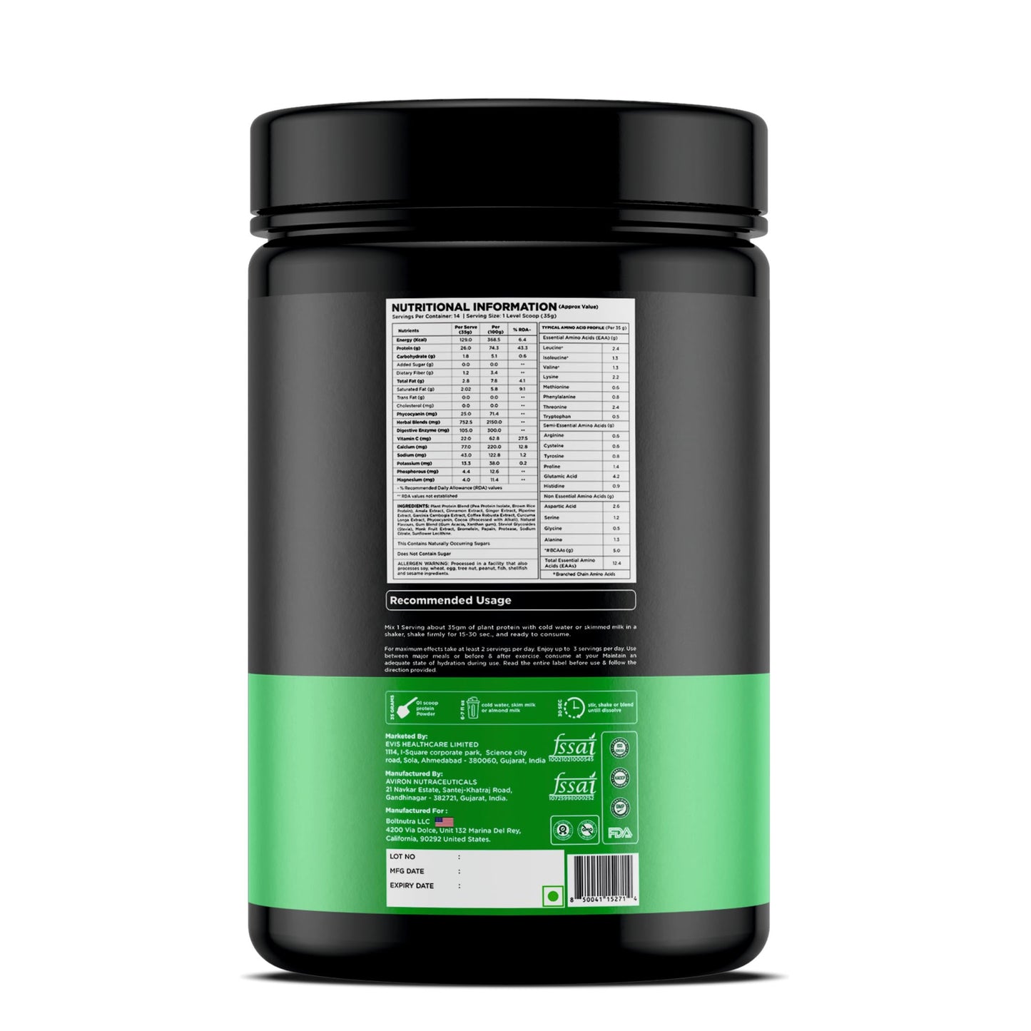 Bolt Biozyme Plant Protein | Vegan Protein with Superfood PHYCOCYANIN and Ayurvedic Herbs | Complete Amino Acid Profile for muscle Support and Recovery | 500gm, 14 Servings | Piedmont Chocolate