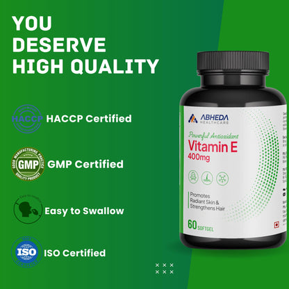 ABHEDA HEALTHCARE Vitamin E 400mg - 60 Softgels - Promotes Healthy Hair, Skin & Nails - Potent Antioxidant, Supports Immune & Skin Health