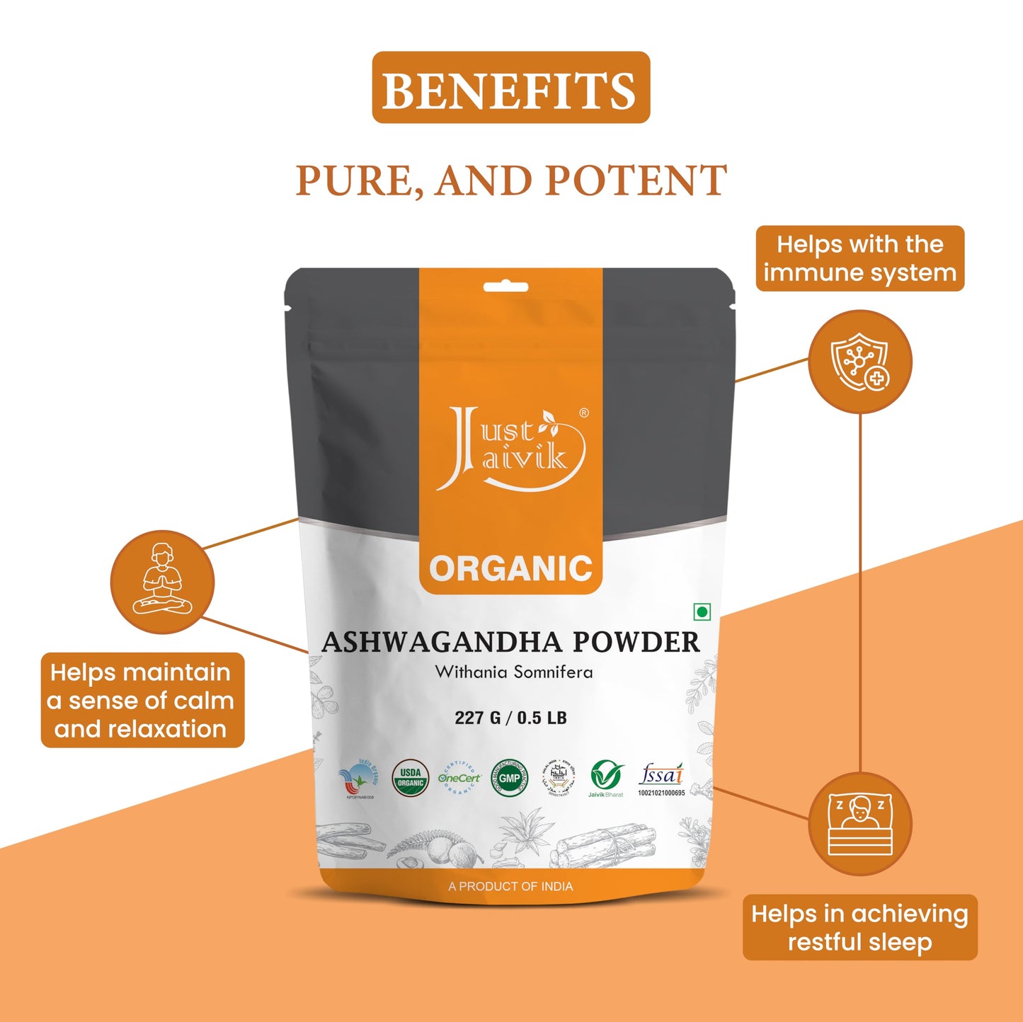 Just Jaivik Organic Ashwagandha Root Powder - 227g - Support for Stress-Free Living Herbal Supplement/Vitality and Strength