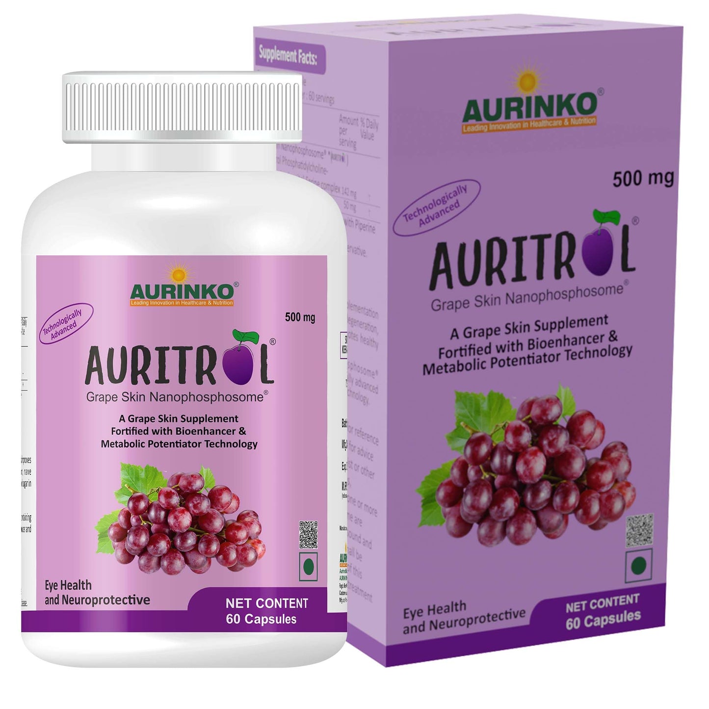 AURITROL Grape Skin Nanophosphosome 142 mg with Resveratrol 50 mg, fortified with Piperine by Aurinko Healthcare. 60 Capsules