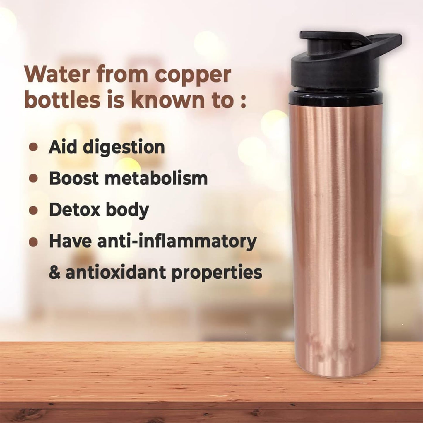 Heart Home Copper Water Bottle with Sipper | BPA Free & Non-Toxic | Leakproof, Durable & Lightweight | With Added Health Benefits of Copper | Ergonomic Design & Easy to Clean | 750 ML