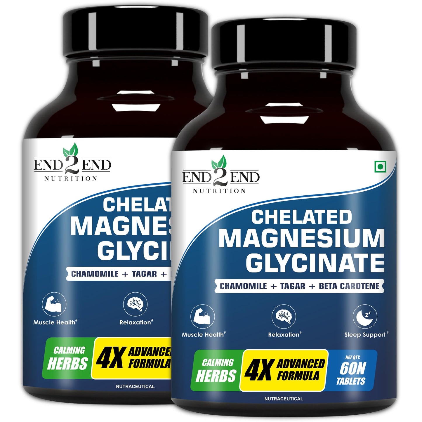 End2End Nutrition Magnesium Glycinate with Chamomile, Tagar, Beta Carotine and Vitamin B6 | High Absorption Magnesium Supplement Supports Better Sleep & Muscle Recovery - (Pack of 2) 120 Tablets