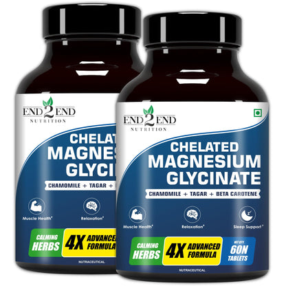 End2End Nutrition Magnesium Glycinate with Chamomile, Tagar, Beta Carotine and Vitamin B6 | High Absorption Magnesium Supplement Supports Better Sleep & Muscle Recovery - (Pack of 2) 120 Tablets