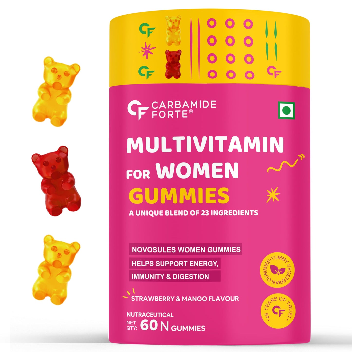 Carbamide Forte Multivitamin Gummies for Women | Multivitamin for Women’s Hair, Skin & Nails, with Biotin & Antioxidants for Immunity & Probiotics for Digestion | 23 Ingredients - 60 Veg Gummies